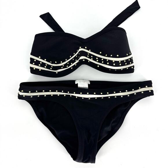 Jessica Simpson Two Piece Strapless Bikini Metallic Embellishment Cream Piping M - Picture 1 of 9